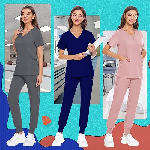 Miniatura 6 de VIAOLI Conjunto de exfoliantes deportivos para mujer con cuello en V y pantalones tipo cargo médicos para mujer 10 bolsillos