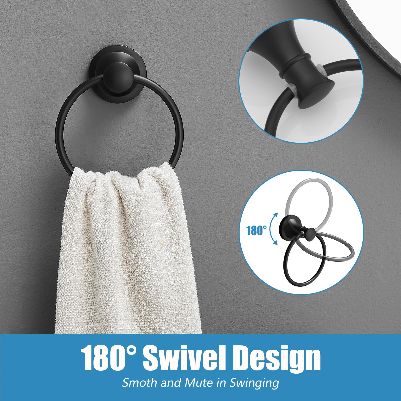 RUMOSE Pivoting Toilet Paper Holder and Hand Towel Ring, Matte Black — Amazon image 3