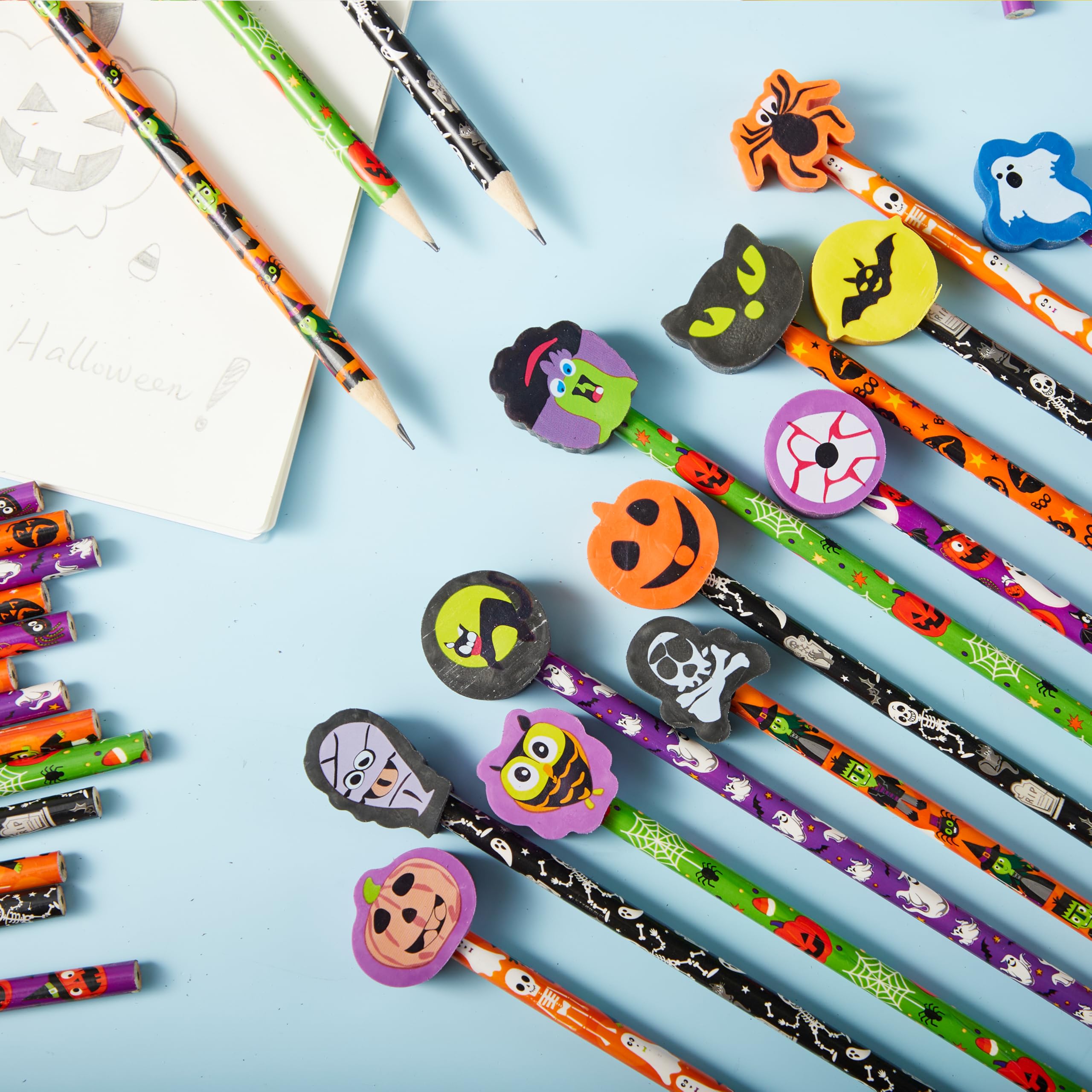 JOYIN Lot de 48 crayons d'Halloween avec gommes, assortiment de 48 crayons de couleur pour enfants en 6 motifs, 48 gommes géantes en 12 styles, fournitures de fête d'Halloween