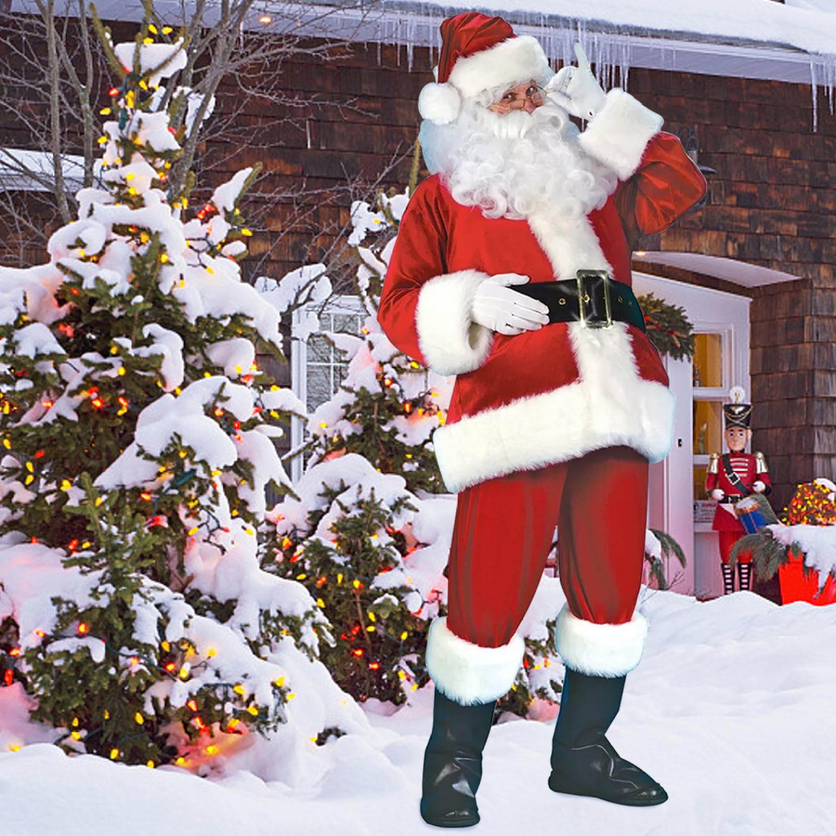Costume de Père Noël 11 pièces/ensemble tenue de Père Noël pour hommes et femmes, costumes comprenant une veste, un pantalon, un chapeau, une perruque, des lunettes, des gants, cloches