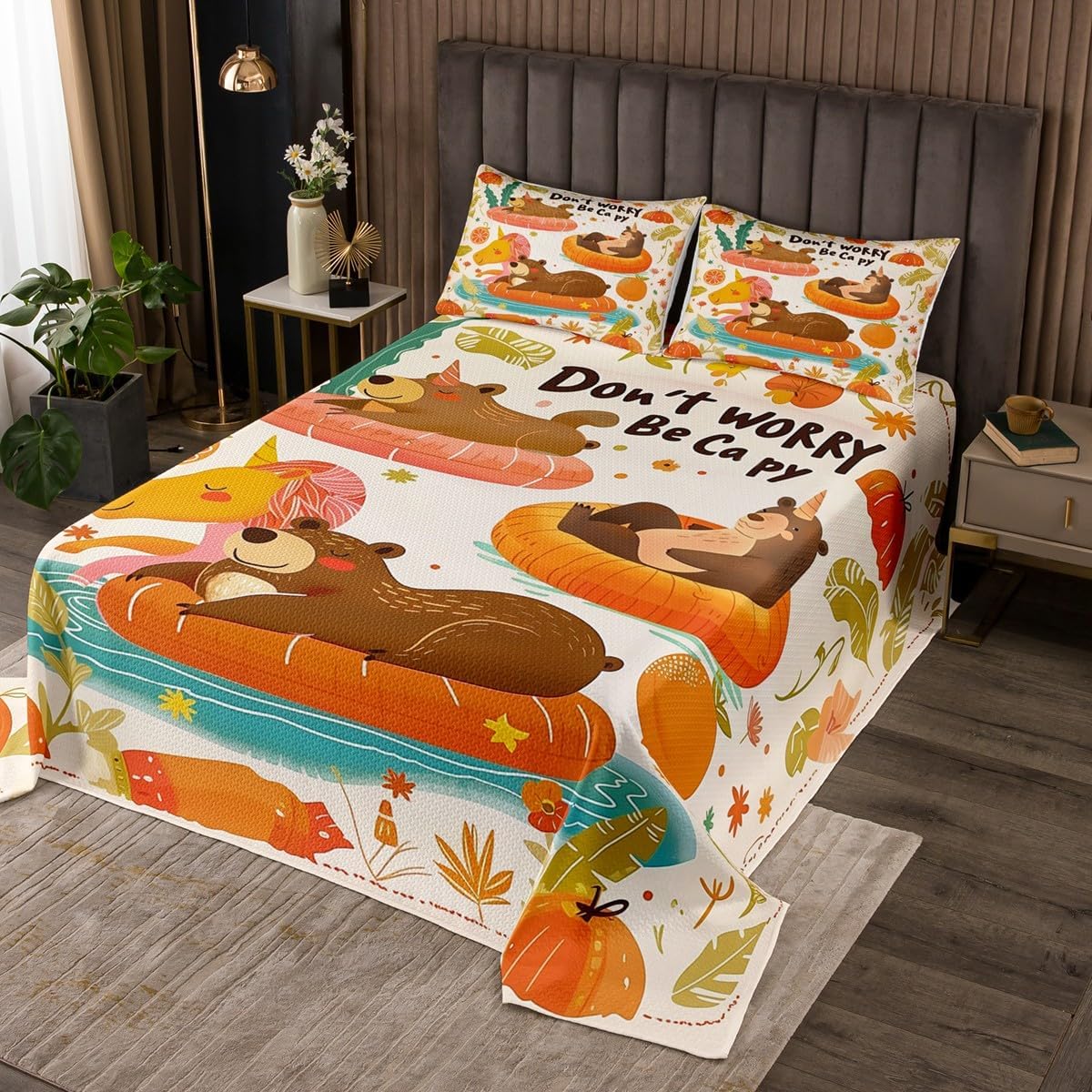 Homewish Cute Bear Bedspread Twin Size,Daisy Flower Dessert Juice Bedding Set for Kids Boys Girls Room Decor,Cloud Polka Dot Fantasy Quilt 2Pcs,Brown Cartoon Animal Soft Coverlet Set,1 Pillowcase