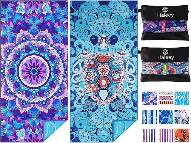 Haleey 2 Pack Microfibre Lightweight Beach Towel 180x80cm Oversized Extra Large Thin Sand Free Towels Travel Swim Pool Yoga Gym Camping for Adults Women Men Beach Essentials Accessories Vacation Gift
