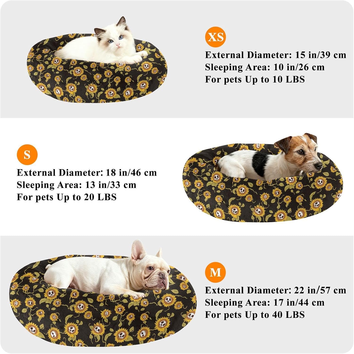 Pet Dog Beds Warm & Cozy Fluffy Dog Pillow Bed for Medium Size Pets Supplies M Sunflowers Horror Skulls Flowers