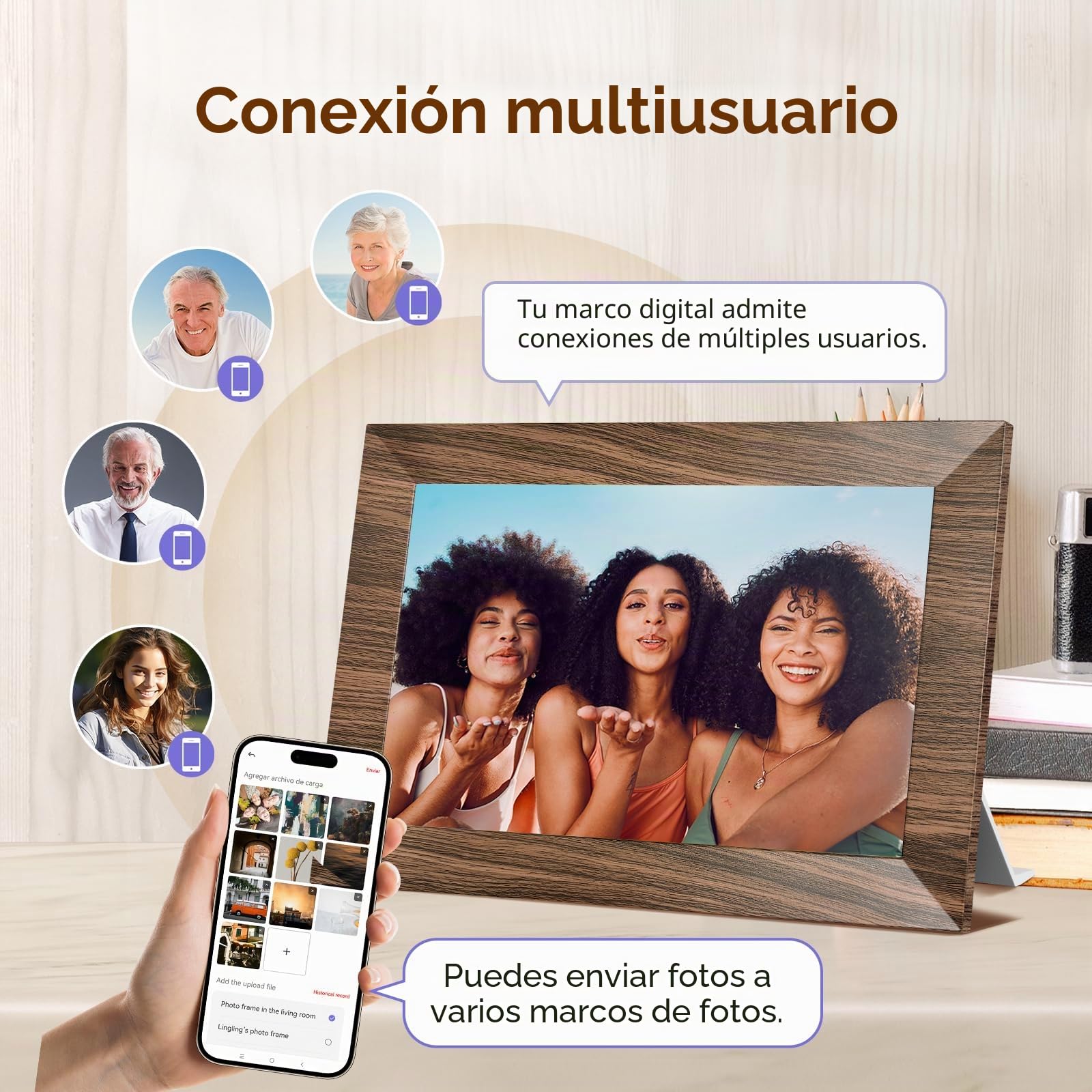 Marco de Fotos Digital de 10 Pulgadas, WiFi Marco Digital de Fotos, Pantalla Táctil IPS HD de 1280x800, Memoria Integrada de 32GB, Rotación Automática, Comparta Fotos y Videos Través de la App