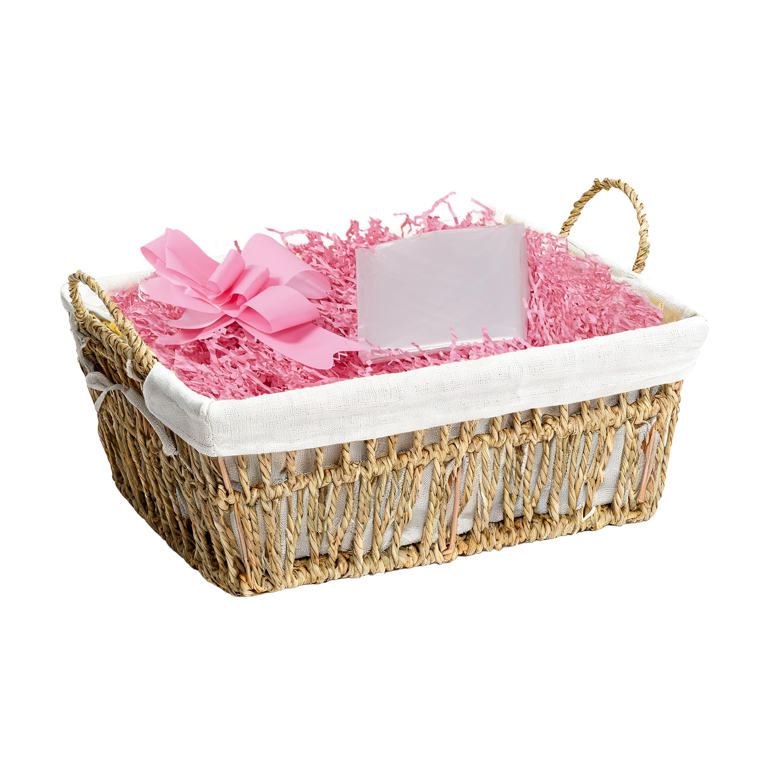 Wickerfield Seagrass Basket, Pink Filling Gift Hamper Basket Kit With Shredded Paper, Make Your Own Gift Hamper, Woven Wicker Basket With Lining, Paper Rope And Seagrass Baskets With Handle (Seagrass Basket, Pink Filling)