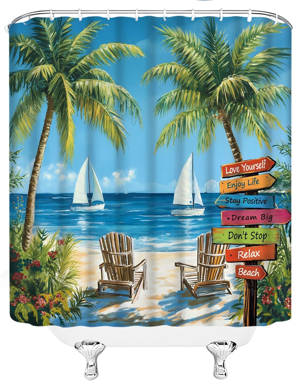 Tropical Coastal Extra Long Shower Curtain,Ocean Beach Palm Tree Sea Wave Sailboat Summer Blue Green Bathroom Home Curtain Decor with Hooks,70x78 Inch