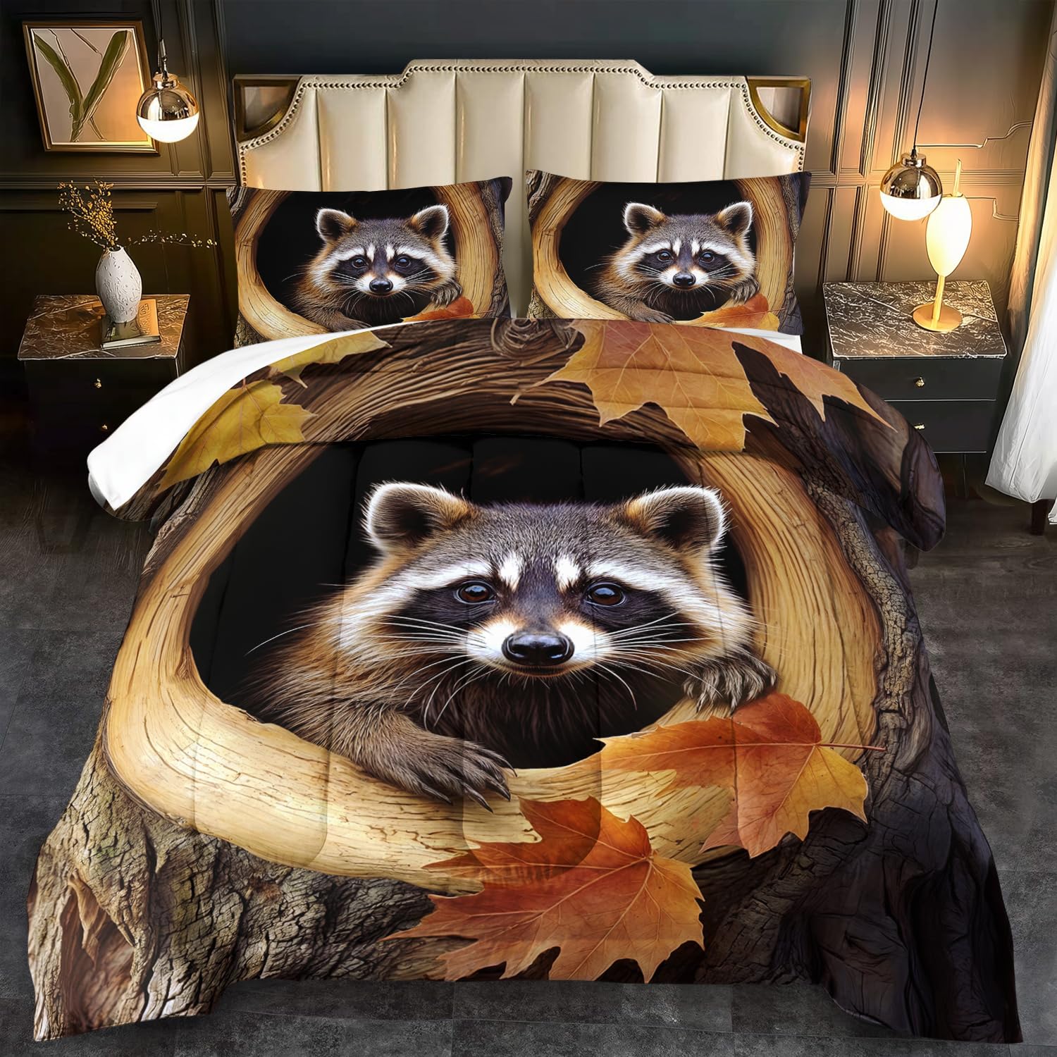 Cute Raccoont Comforter Set King Kids Comforter Set for Girls King Brown Animal Bedding Boys Forest Bedding Kawaii Raccoont Room Decor Cute Animal Print Bedroom Decor Kawaii Pet Quilt
