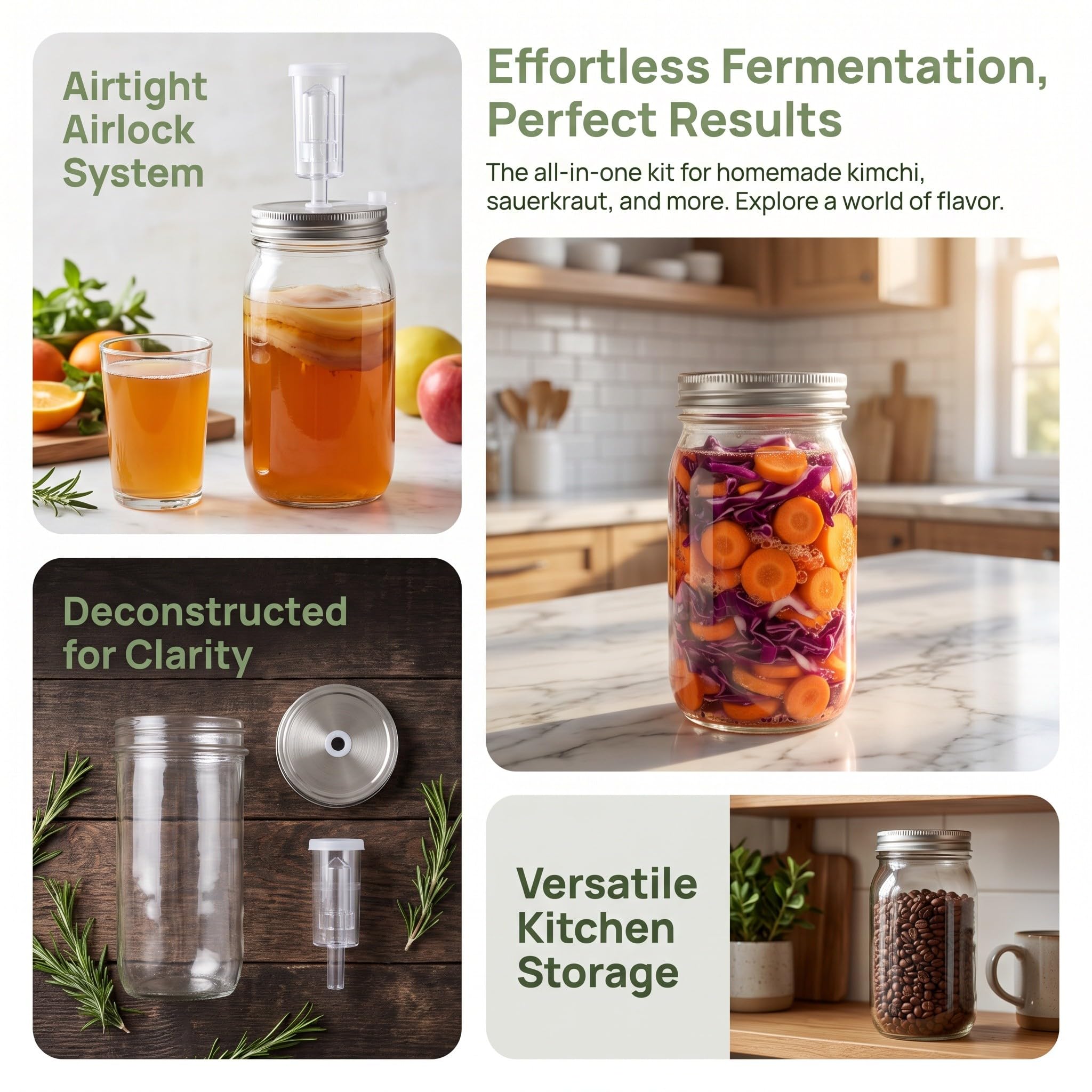 ibasenice Barattolo di fermentazione da 710 ml: Barattolo di Vetro per Ferm | Contenitore per sottaceti a bocca larga, coperchi ermetici, barattoli in vetro resistente per la fermentazione casalinga fai-