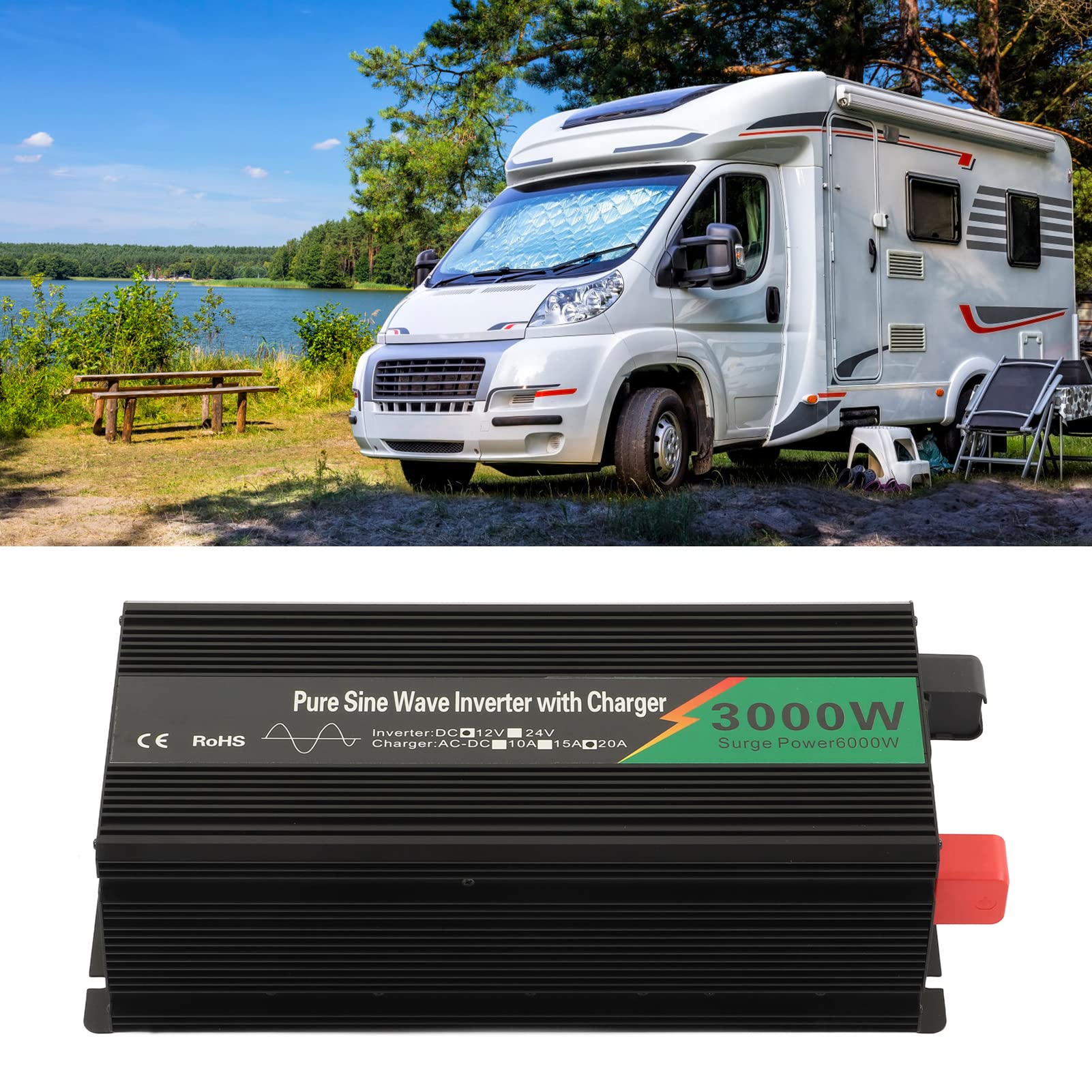 Hyuduo Przetwornica Napięcia Czystej Fali Sinusoidalnej, Aluminiowy Przetwornica Napięcia DC 12 V na AC 3000 W z Zasilaczem UPS, Szczytowa Moc 6000 W, 2 Gniazda USB 15 A, ładowanie dla Samochodu