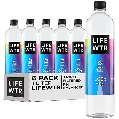 LIFEWTR Premium Purified Water, pH Balanced with Electrolytes, 100% recycled plastic bottles, 33.8 Fl Oz, 1L (Pack of 6) - Purified Water - 33.8 Fl Oz (Pack of 6)