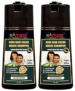 eAmaze NONI Hair Color Shampoo 400 ml, Natural Black (Pack of 2) | Ammonia Free | Instant Black Hair in Just 5 Minutes | For Men & Women