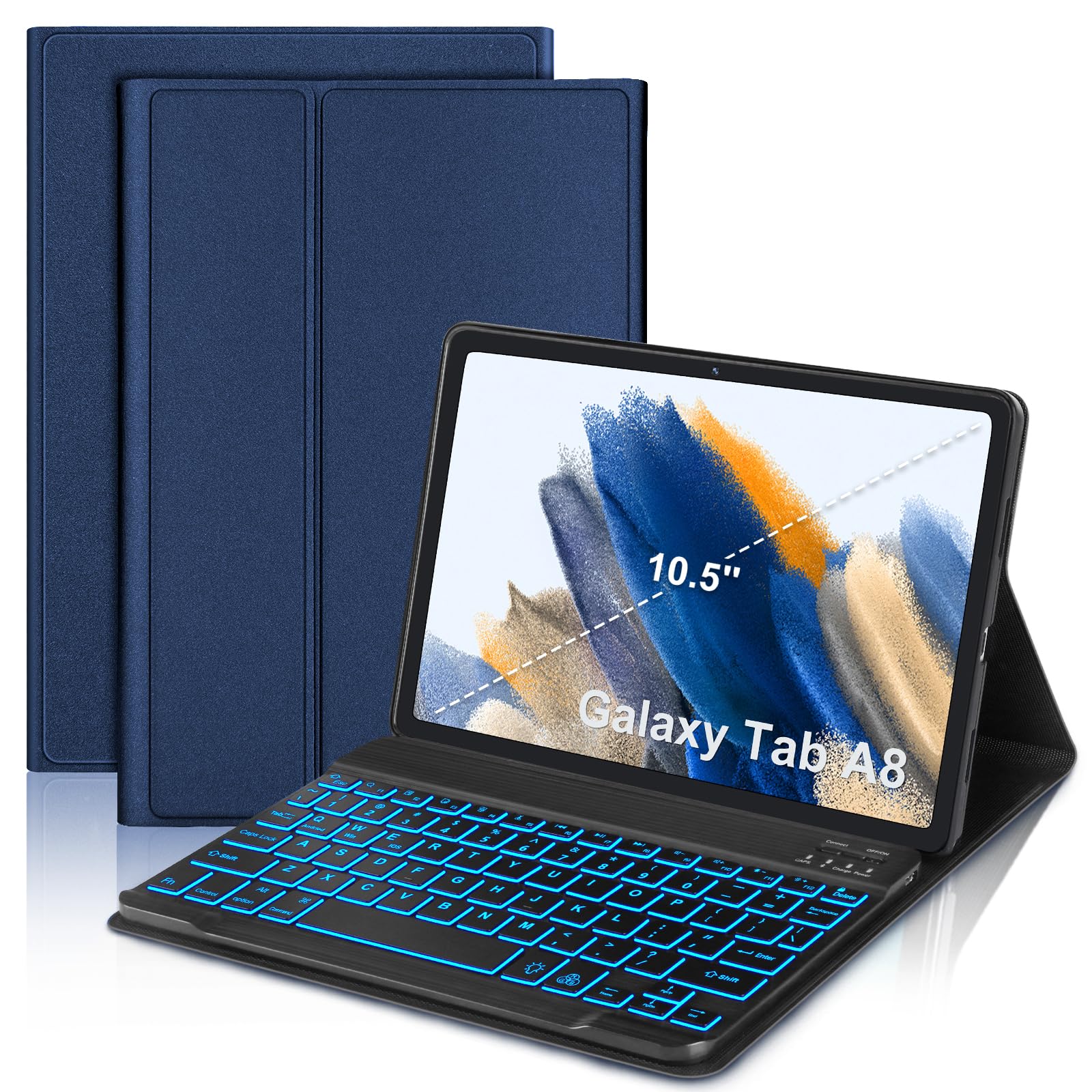 SENGBIRCH Keyboard Case for Samsung Galaxy Tab A8 (10.5 inch 2022 Release), 7 Colors Vibrant Backlit, Bluetooth Removable Keyboard, Smart Auto Sleep/Wake Up Slim Synthetic Leather Folio, Navy