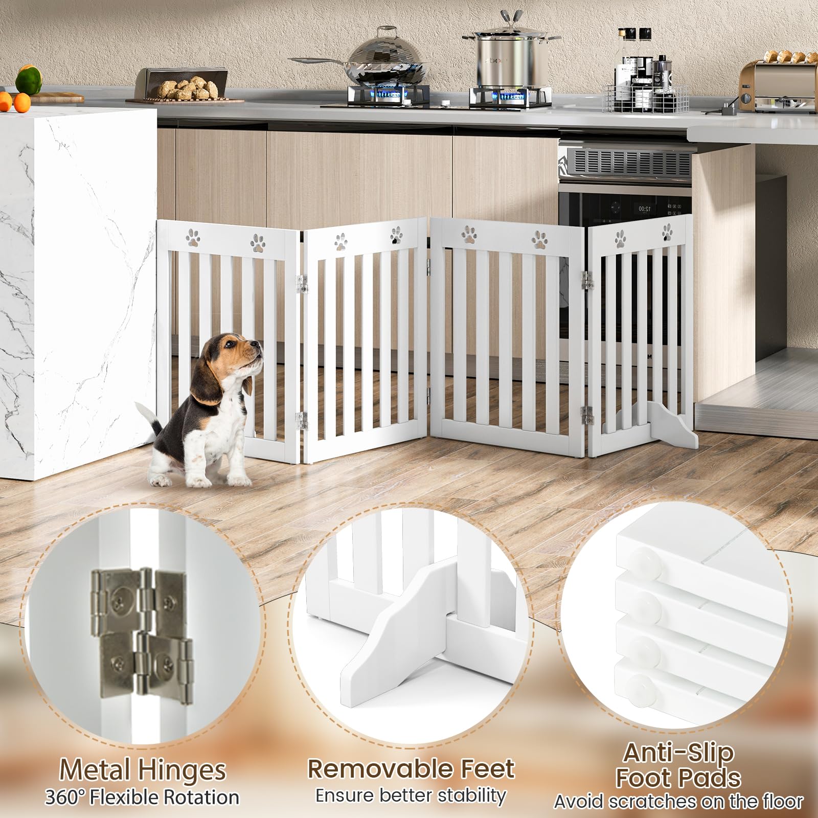 SOARS Cancelletto per Cani Pieghevoli 204 x 60 cm, Barriera per Cani in Legno a 4 Pannelli con Piedini Stabili, Recinzione per Scale, Ingressi e Corridoi (Bianco)