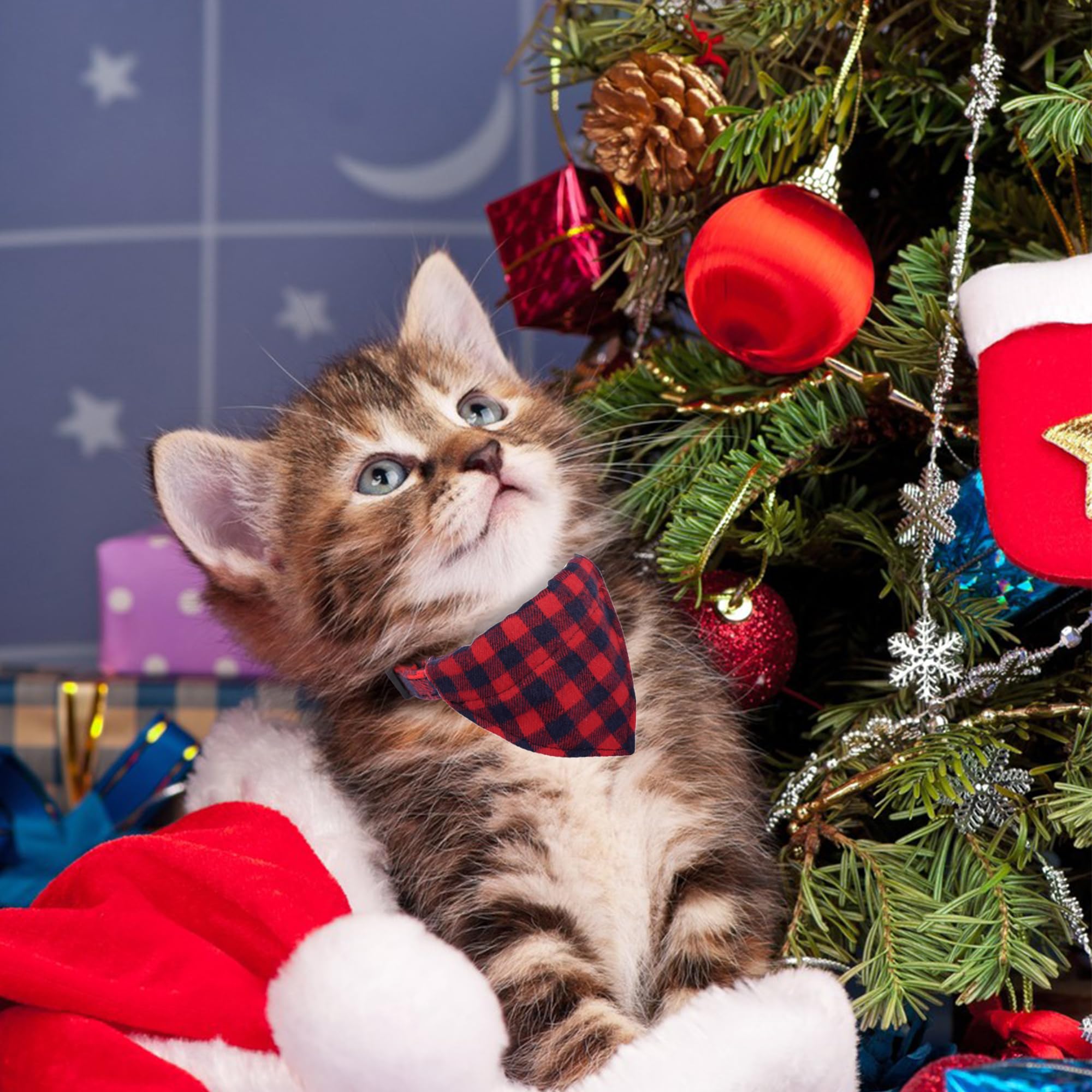 NiCoLa Cat Bandana Collar Red Checkered Cat Bandana, Quick Release Cat Bandana Collars with Bell for Kitten Cats, Christmas - Image 2