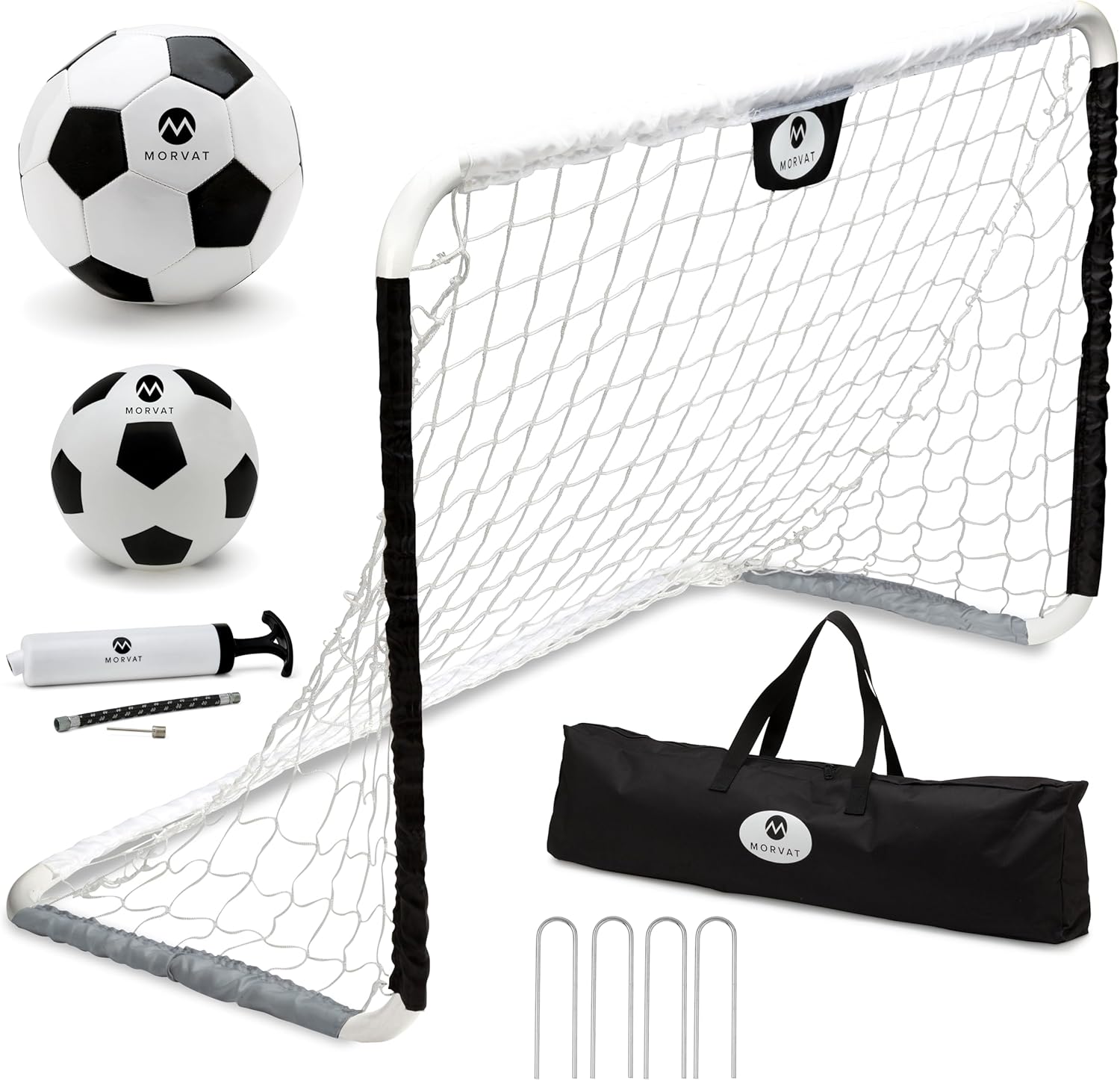 Morvat Kids Metal Poles Soccer Goal Set Portable Lightweight Training Equipment Backyard & Indoors Premium 48”x30” Net + 2 Size Soccer Balls + Ball Pump + Storage Bag, Black & White
