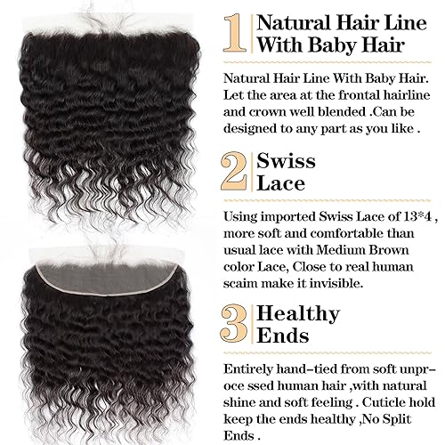 Miniatura 2 de Onda suelta 13x4 de oreja a oreja cierre de encaje frontal 100% sin procesar, virgen Remy, cabello humano suelto de onda profunda, cierre frontal de