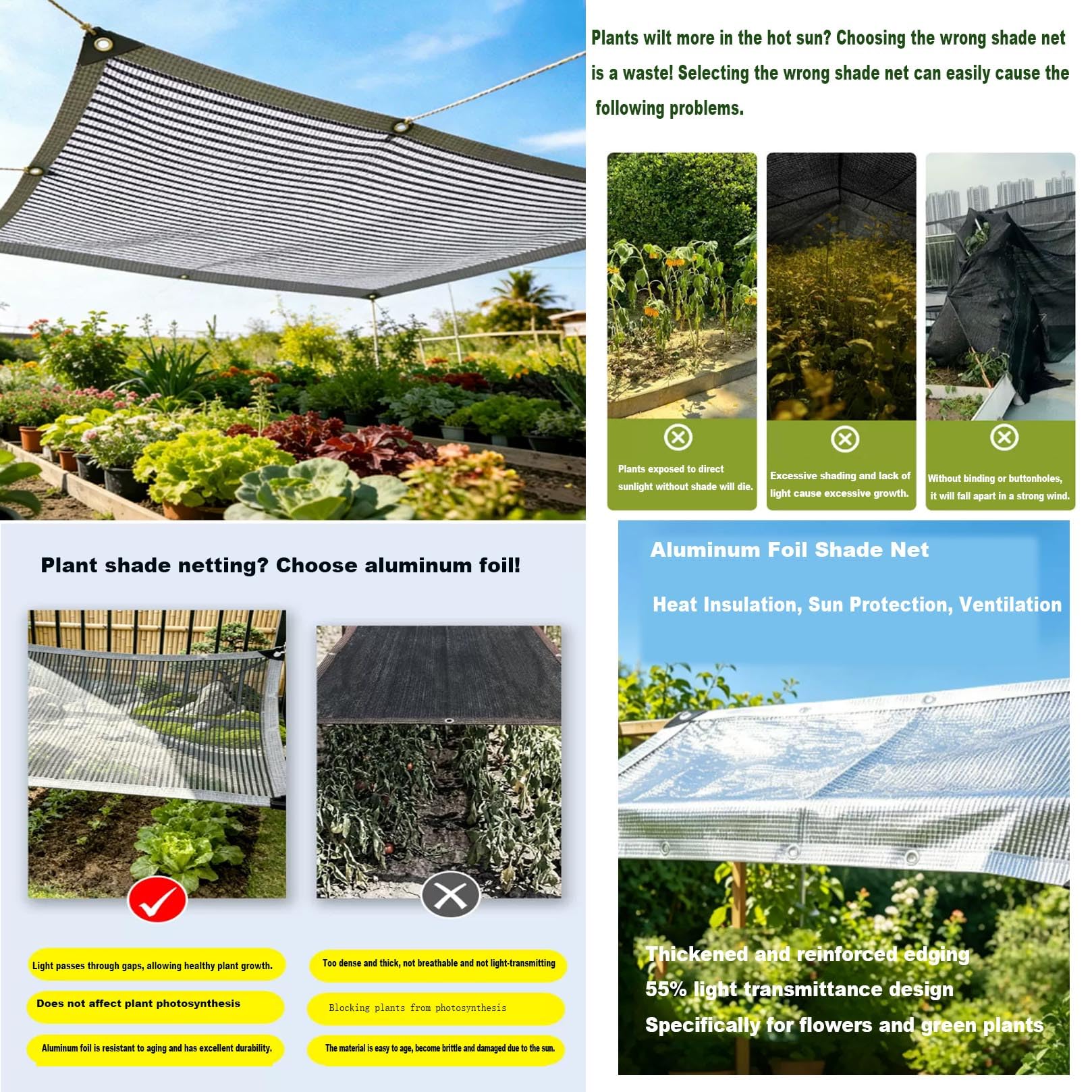 Red de Sombra 55% Aluminio, Malla Sombreadora regulación de Temperatura, Bordes Reforzados Resistentes al Viento, para Huerto, Jardinería y Macetas, Plantas
