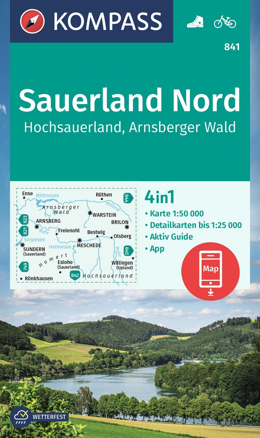 KOMPASS Wanderkarte 841 Sauerland Nord, Hochsauerland, Arnsberger Wald 1:50.000: 4in1 Wanderkarte, mit Aktiv Guide und Detailkarten inklusive Karte ... Verwendung in der KOMPASS-App. Fahrradfahren.