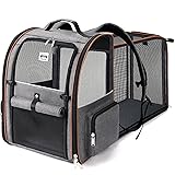 Lekebobor Cat Carrier Backpack, Expandable Pet Carrier with Sun Shade & Full Front Opening, Breathable Mesh Backpack for Small Dogs & Medium Cats Up to 18 Lbs, Foldable for Hiking, Camping (Grey) Grey L-Mesh Window