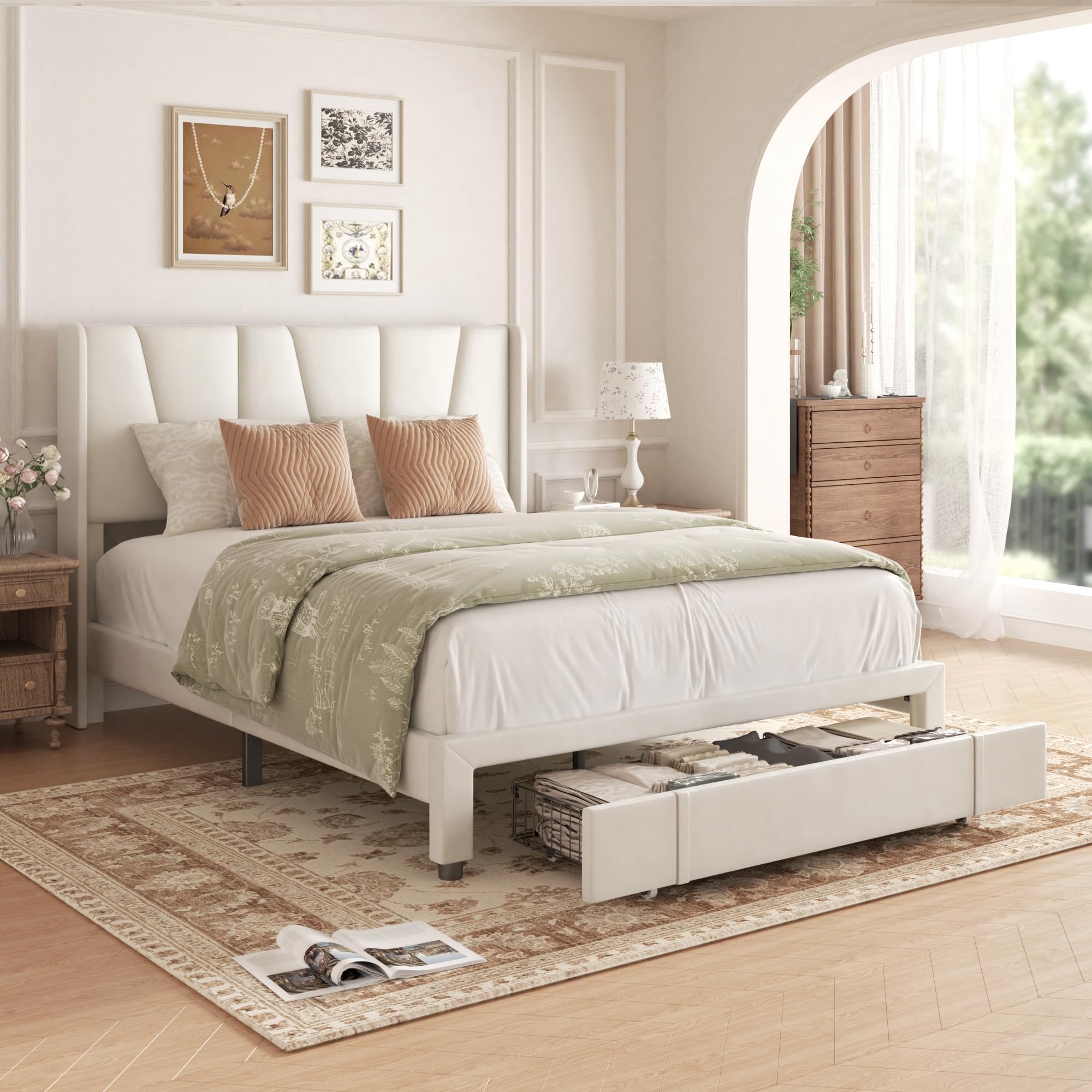 Photo 1 of viplov Full Bed Frame with Storage Drawers, Velvet Upholstered Platform Bed with 47" Tall Headboard and Wingboard, No Box Spring Needed, Noise Free, Easy Assembly, Wooden Support Slats, Beige