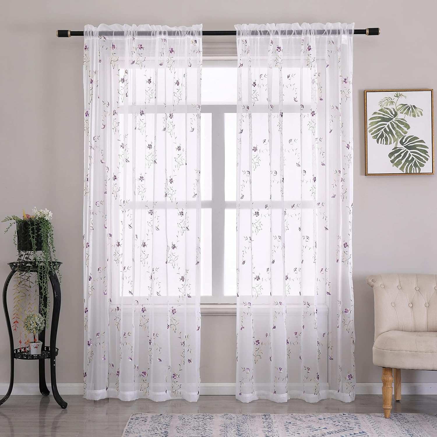 Taisier Home Floral Embroidered Sheer Curtains for Girls Room Purple Buds Retro Voile Curtain Panels for Bedroom Rod Pocket 2 Panels 52" W x 72" L, Sheer Curtain with Purple Flower and Coffee Branches