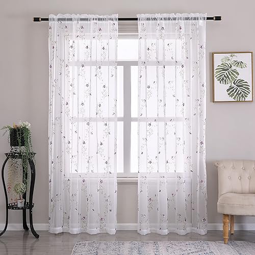 Miniatura 2 de Taisier Home Cortinas traslúcidas bordadas florales para habitación de niñas, paneles de cortina de gasa retro para dormitorio, bolsillo para barra,