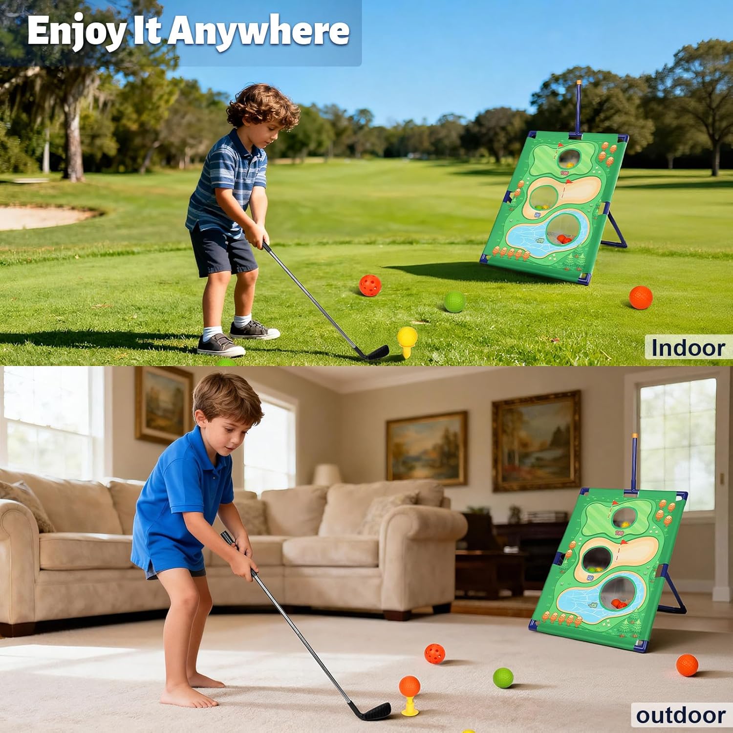 3-In-1 Kids Sticky Golf Games Set With Club, Golf Putting Practice Mat,3-Sided Golf Chipping Net, Multiple Game Modes, Golf Cornhole Board Set, Indoor & Outdoor Golf Practice For Kids & Adults