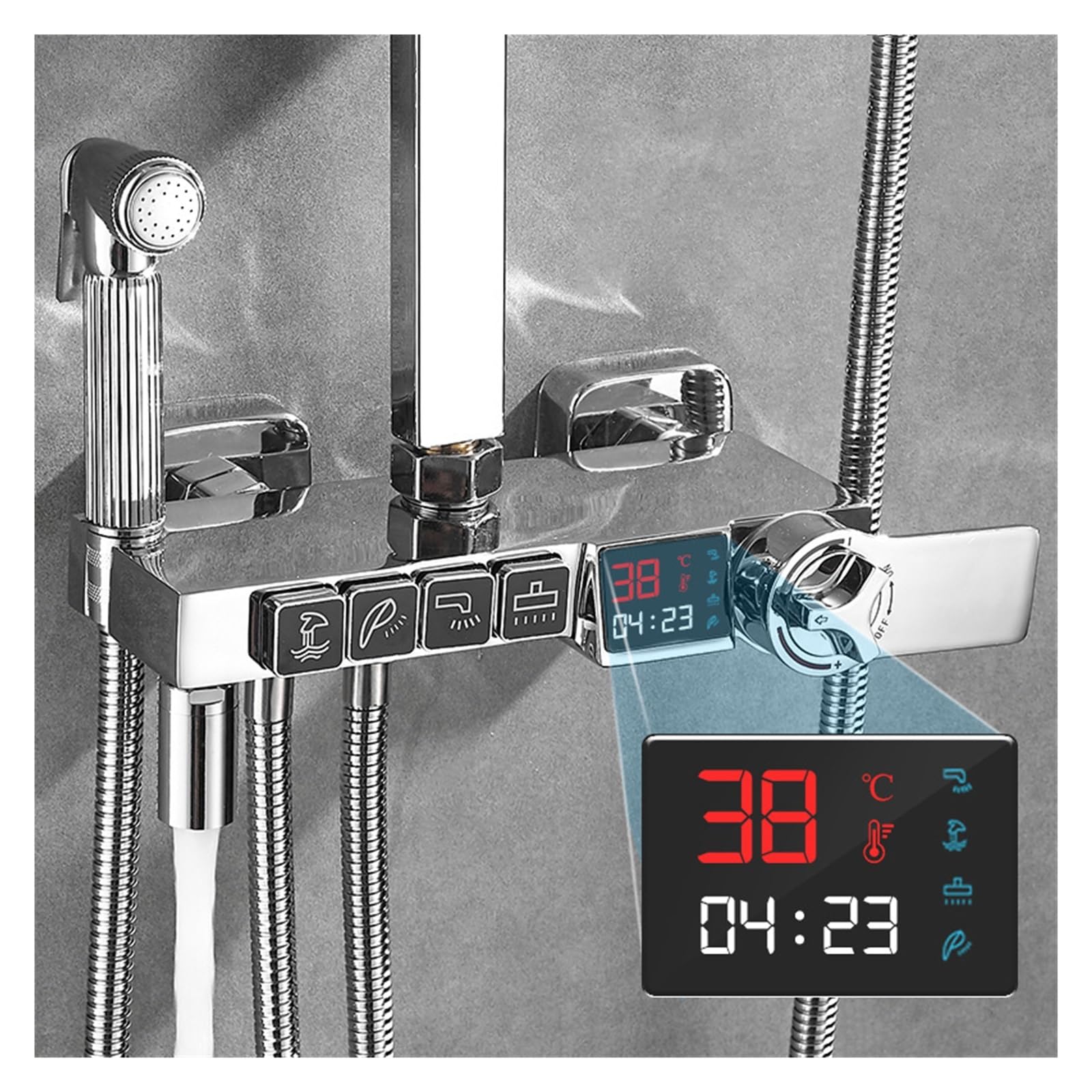 Set Doccia Digitale Cromato Rubinetto Bagno Miscelatore Caldo Freddo Pioggia Montaggio a Parete Kit Completo Rubinetto Vasca Vasca Argento Bidet di Lusso(Thermostatic)