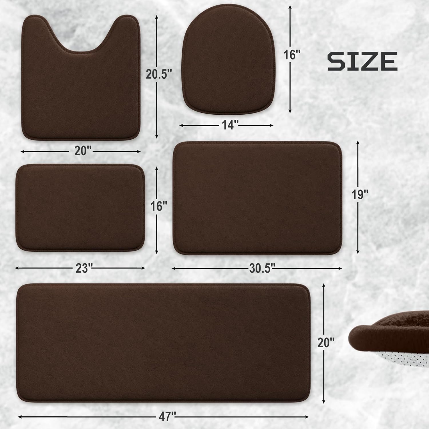 5-Piece Bathroom Rug Set - Memory Foam Bath Mats, Non-Slip, Ultra-Soft, Water Absorbent, Machine Washable Bathroom Rugs - Brown