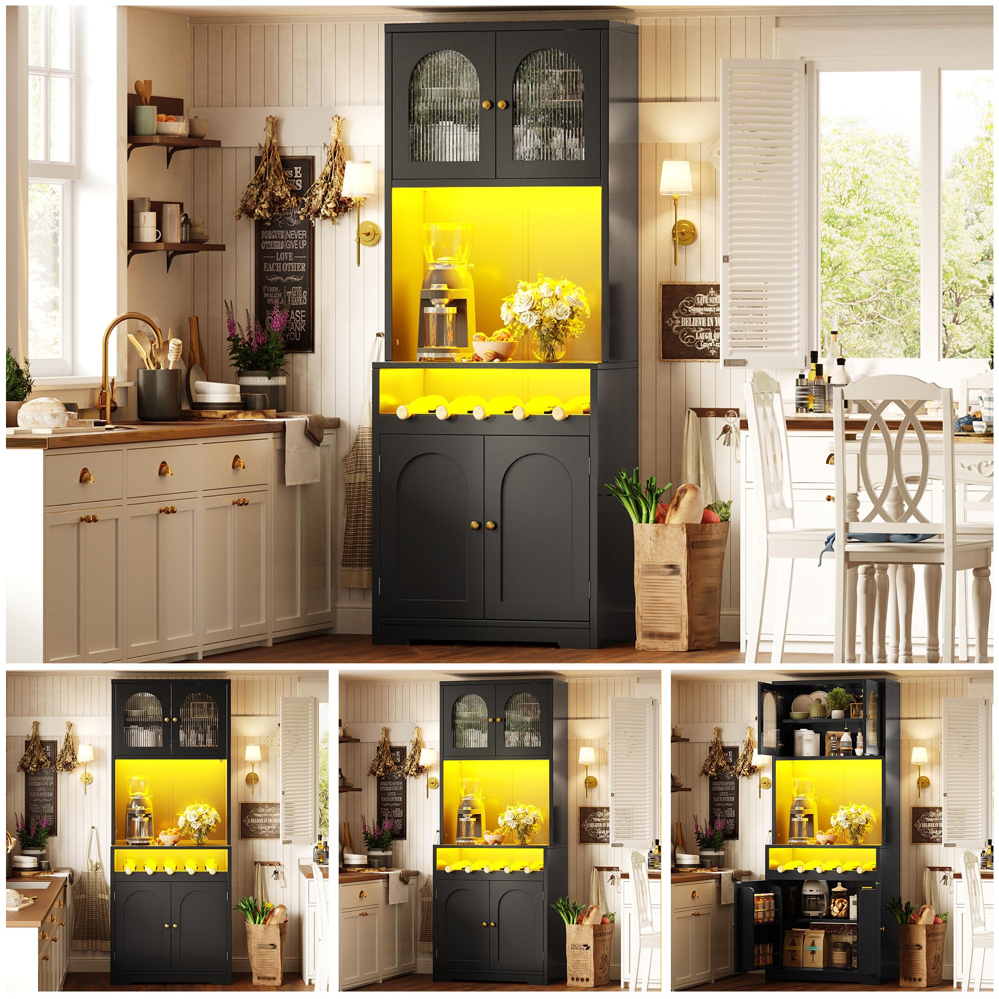 180cm Hoch Küchenschrank mit LED Beleuchtung & Weinregal, Schwarz