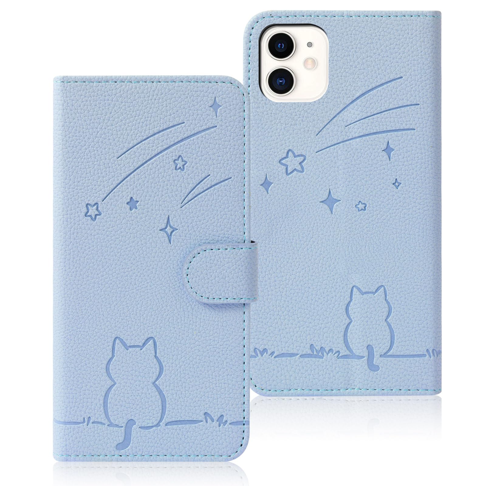 Rosbtib iPhone 12 ケース 手帳型 アイフォン12 ケース 手帳型 流れ星子猫 iPhone 12 pro ケース 手帳型 可愛い 猫柄 いphone12 ケース 財布型 耐衝撃 iphone12ケース携帯カバー カード収納 iPhone 12 スマホケース オシャレ 軽量 耐久性 スタンド機能 PUレザー 内蔵マグネット 6.1インチ対応（ブルー）