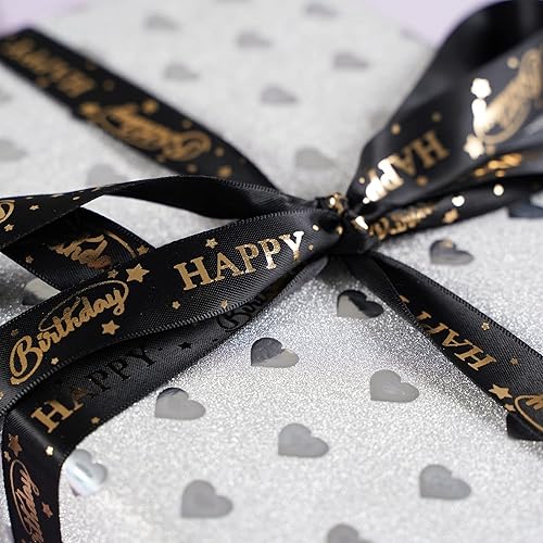Miniatura 6 de HUIHUANG Cinta de satén dorada de feliz cumpleaños, cinta de regalo para envolver regalos, 2 rollos de cinta de satén de doble cara surtidos con 32