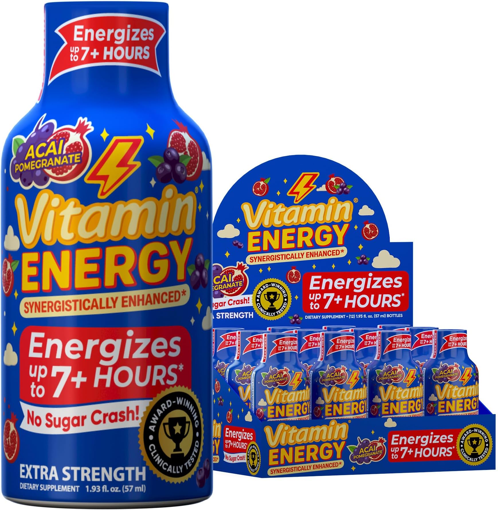 Vitamin Energy B12 11,000% Extra Strength Energy Shot Açaí Pomegranate 12 Pack, 260mg Natural Caffeine, B12 & B6, Nootropic Focus, Vitality, Zero Sugar, Gluten-Free, Vegan, Kosher, 1.93 fl oz