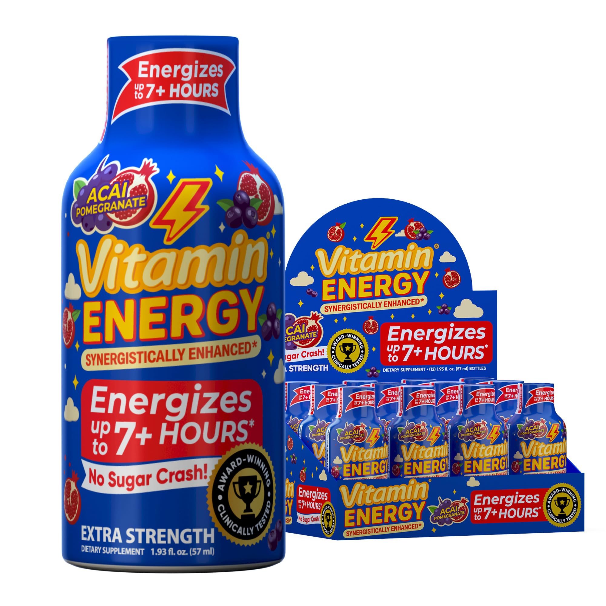 Amazon.com : Vitamin Energy B12 11,000% Extra Strength Energy Shot Açaí  Pomegranate 12 Pack, 260mg Natural Caffeine, B12 & B6, Nootropic Focus,  Vitality, Zero Sugar, Gluten-Free, Vegan, Kosher, 1.93 fl oz :