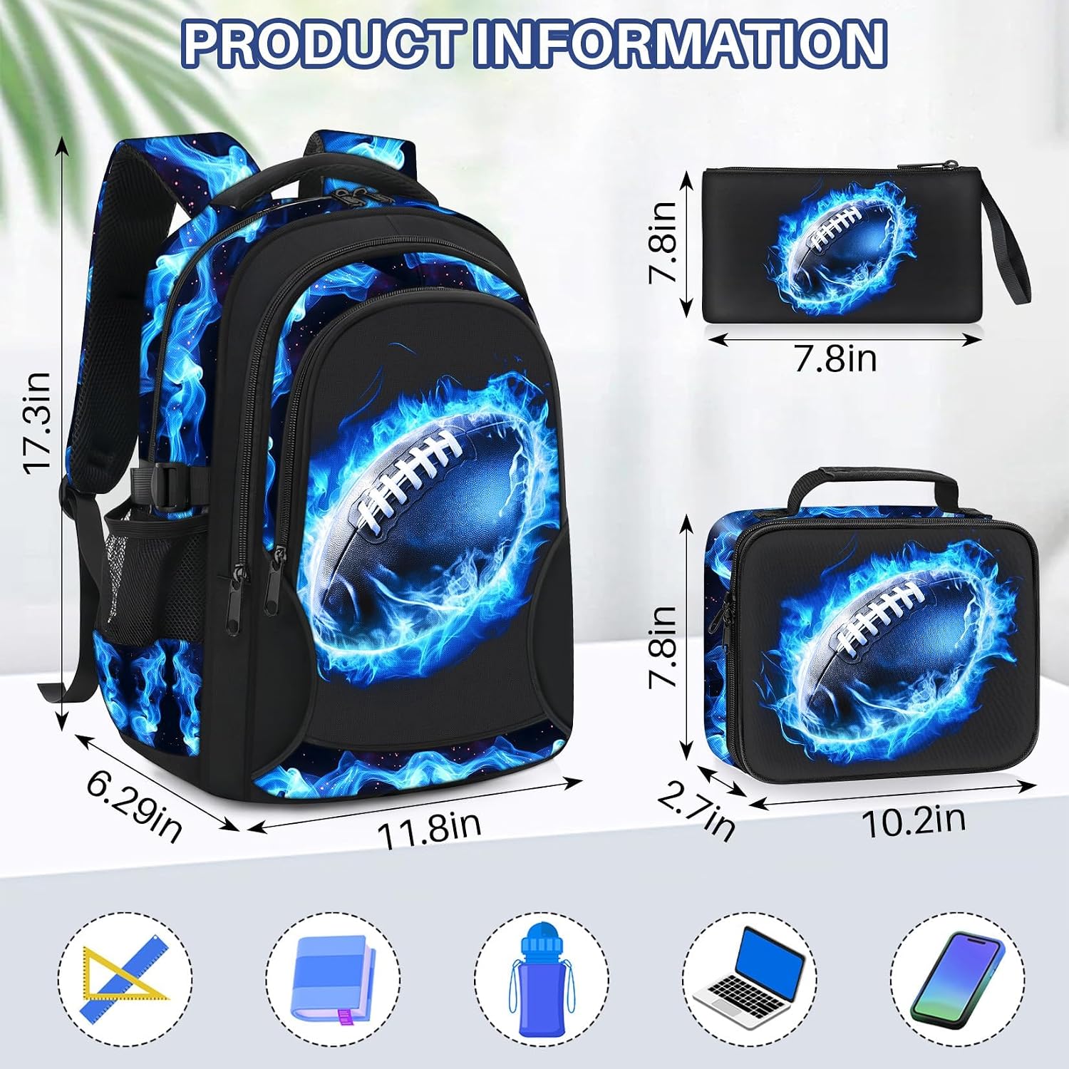 School Backpacks for Boys - 4pcs American Football Boys Backpacks with Lunch Box Set for Kids Teens Elementary Middle School, 17″ Large Capacity Students Bookbag, Perfect for Travel