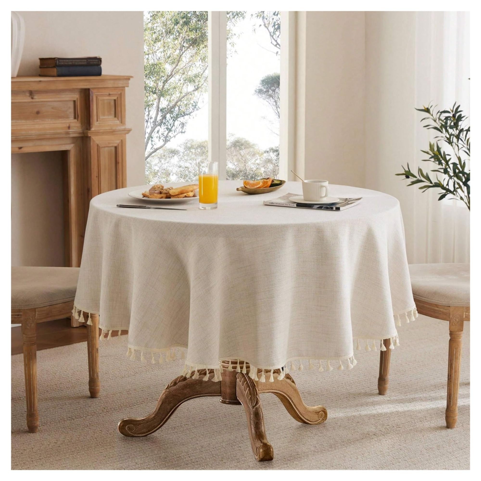 DYYEUAVT Linen Round Tassel Lace Waterproof Tablecloth