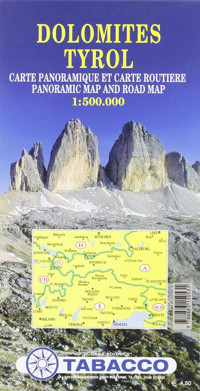 Panoramakarte Dolomiten - Tirol: Wanderkarte Tabacco. 1:500000 (Carta panor. e strad. in scala 1:500.000)