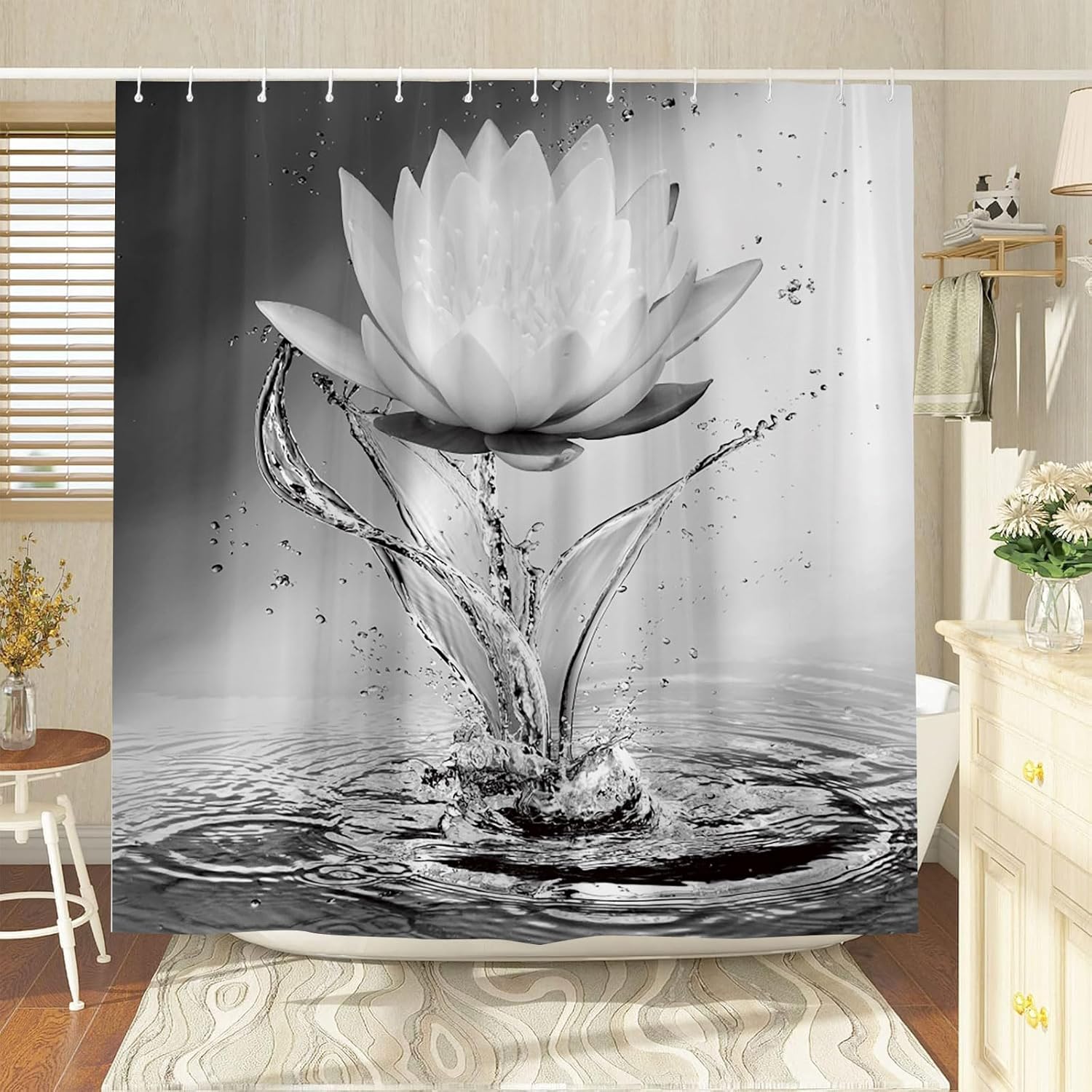 Lotus Shower Curtain Black White Grey Flower Elegant Blooming Floral with Dew Spring Flower Reflection on Water Modern Romantic Polyester Fabric Bathroom Decor 70×84 Inch with Hook