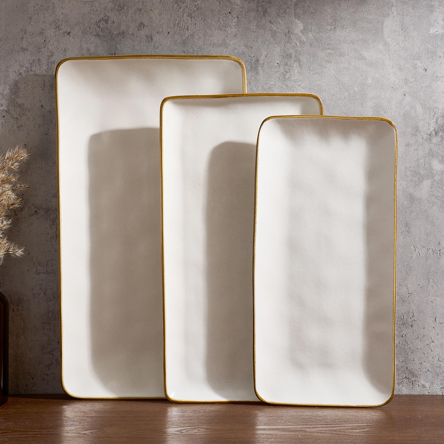 Photo 1 of Famiware Serving Platter, Rectangular 15.67/14.1/12.6inch Serving Dishes for Entertaining, Dishwasher Safe, Stoneware Serving Trays for Party, Food, Turkey, Snack, Cheese, Reactive Glaze, Matte White