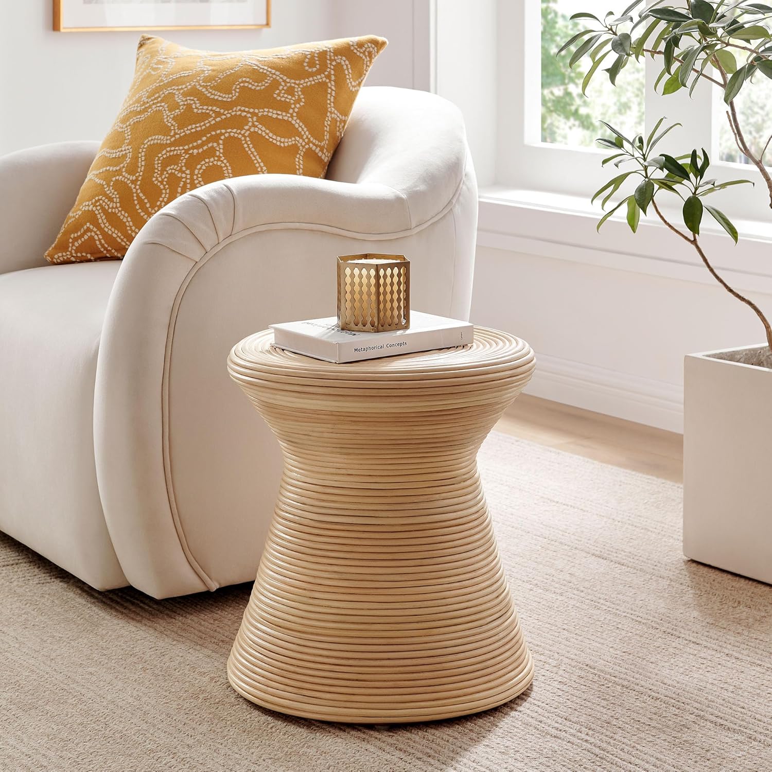 Modway Tavi Natural Rattan Hourglass Round Side Table in Natural – 16 Inch Small Accent End Table for Living Rooms, Bedrooms, or Covered Patios