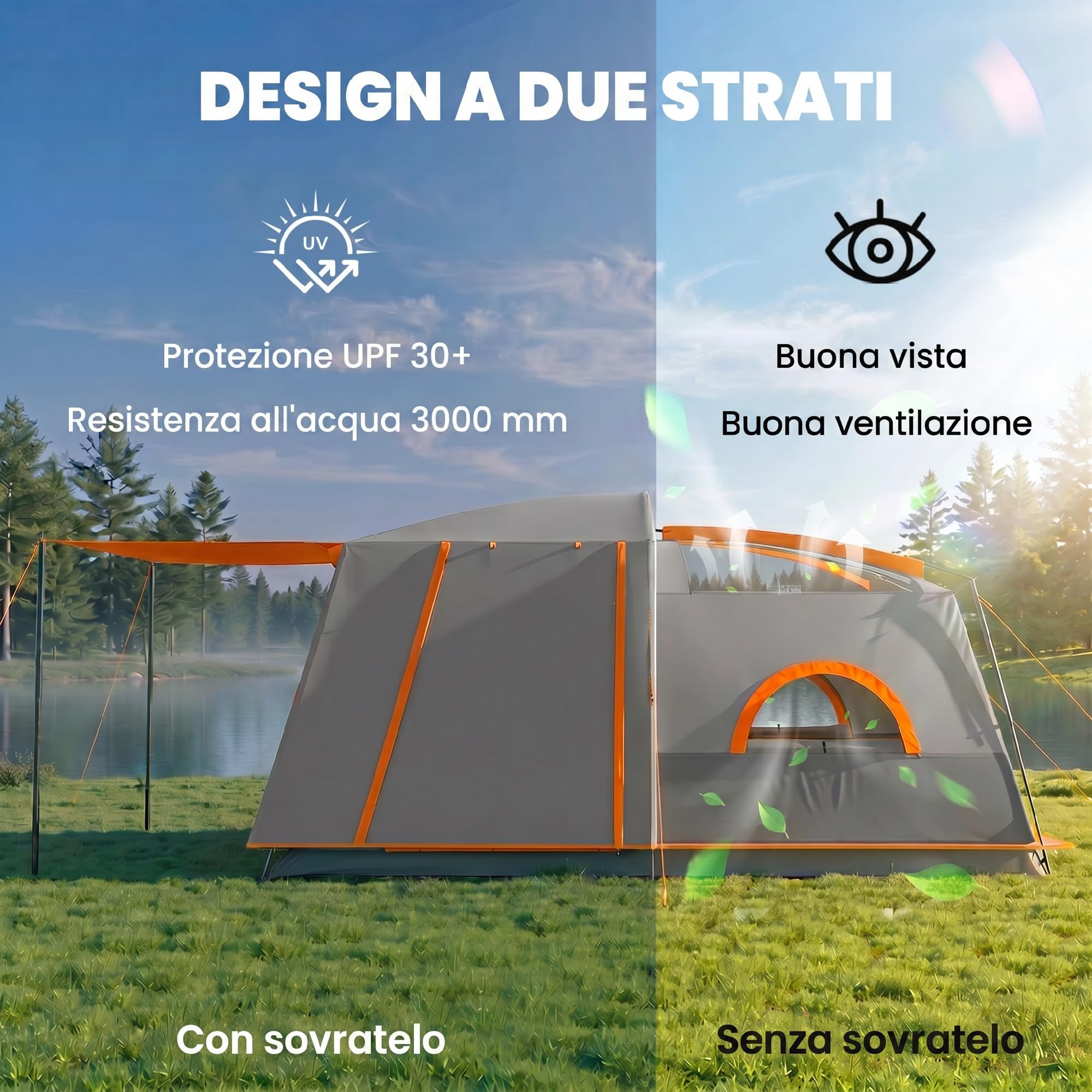 Outsunny Tenda da Campeggio per 4 Persone, Tenda Famigliare a Tunnel Grande Anti-UV per 3 Stagioni con 2 Stanze, Veranda e Borsa di Trasporto per Pesca, 430x305x195 cm