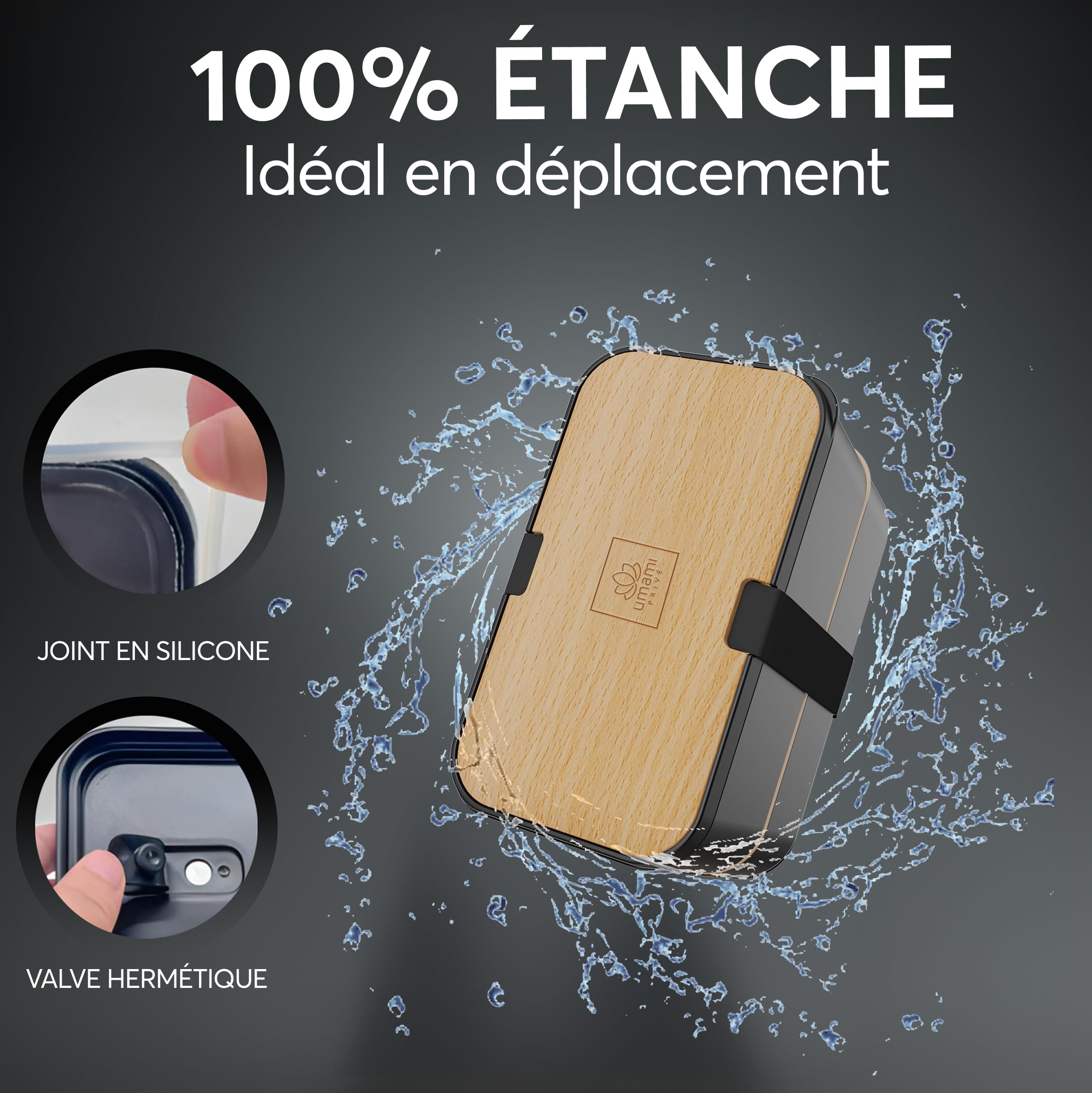 Umami Bento Lunch Box, Couverts & 2 Pots à Sauce Inclus, Boîte Repas Encastrable, Lunchbox Micro-Ondable, Boîte à Lunch Adulte Compartimentée, Bento Box, Hêtre Noir, 1500 ml