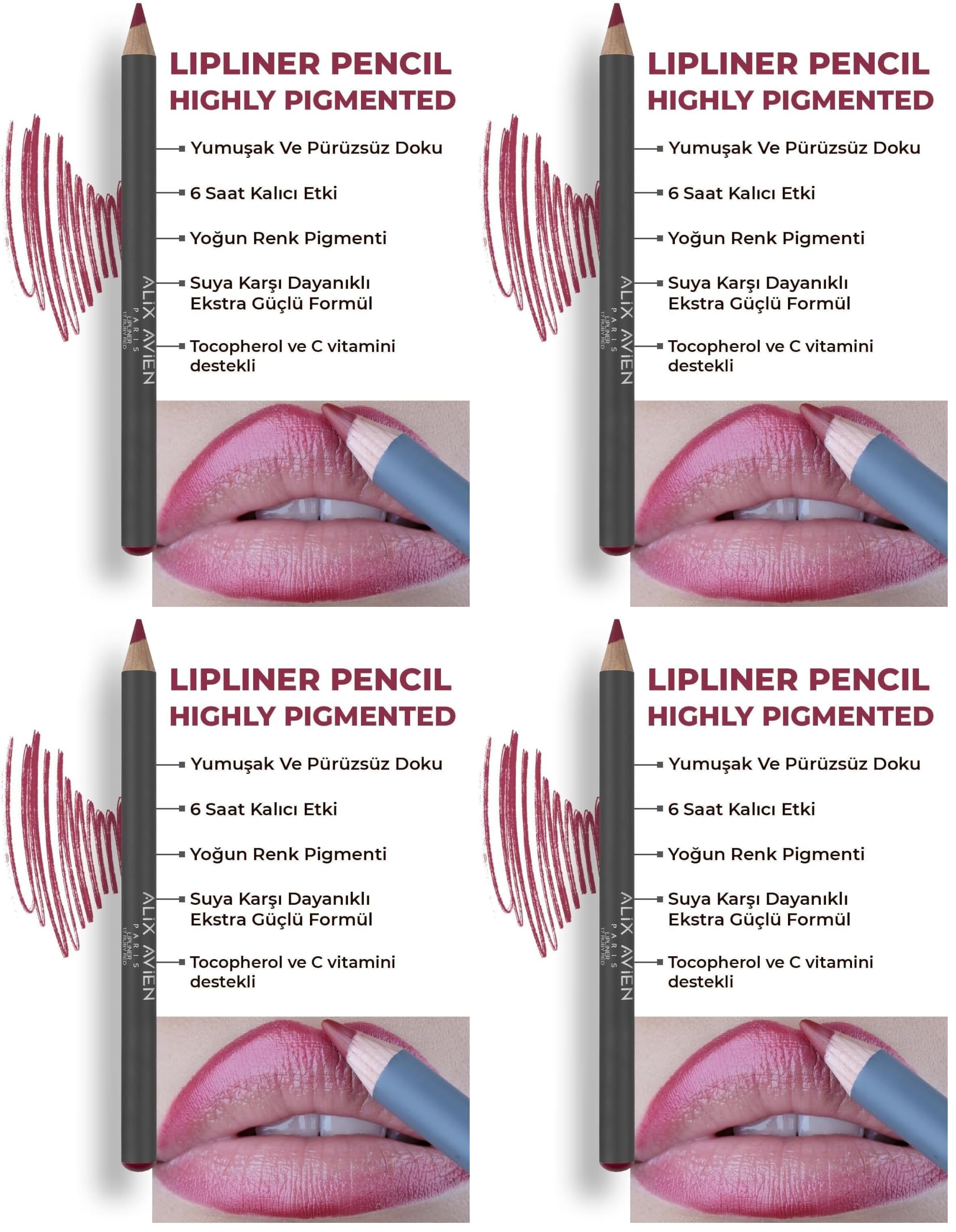 ALIX AVIEN Uzun Süre Kalıcı Dağılma Yapmayan Nemlendirici Dudak Kalemi - Lipliner Pencil 17 Ruby Red (4 paketi)