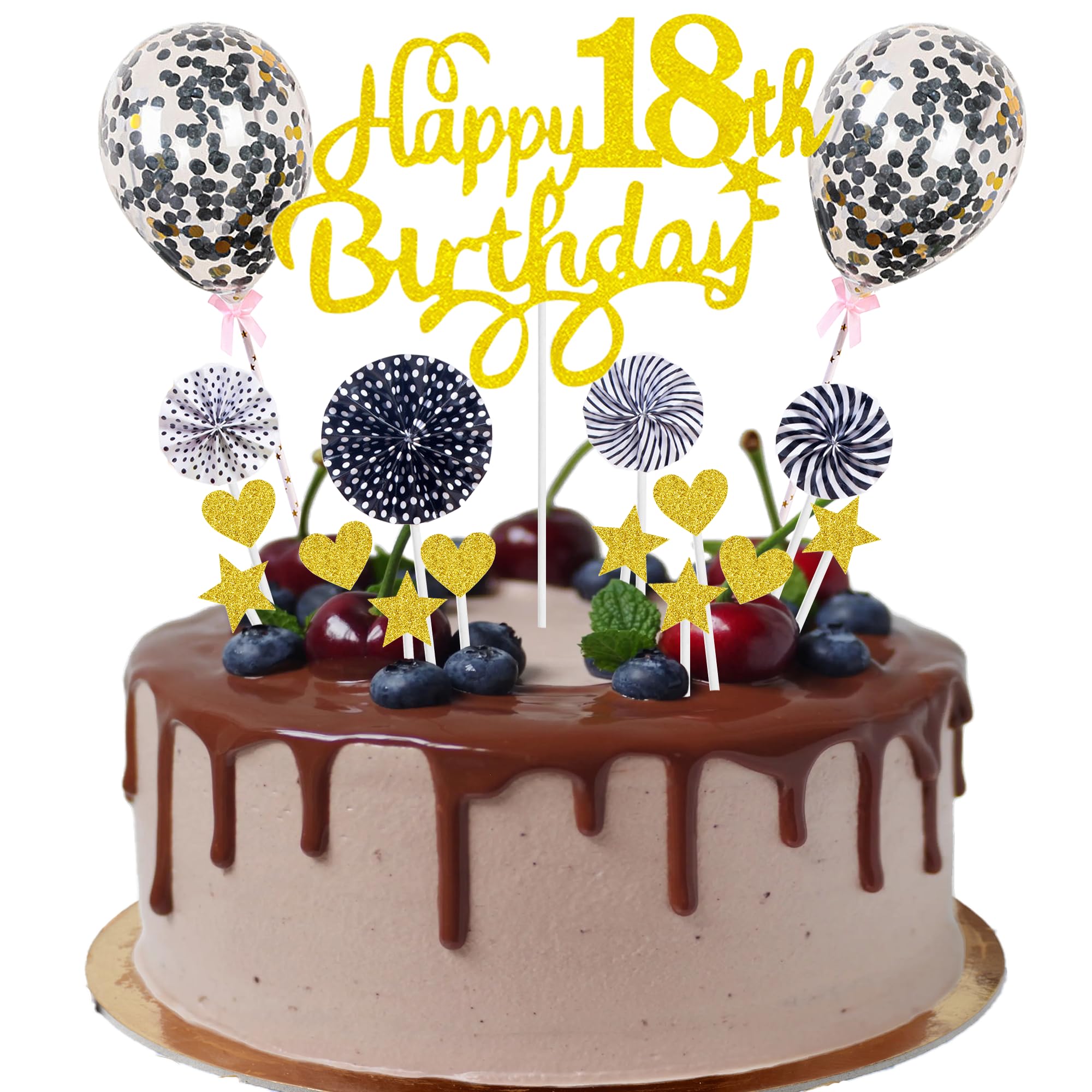 Happy 18th Birthday Cake Decoration 18 Years Boy Girl Cake Decoration 18th Birthday Gold Black Cake Decoration 18th Birthday Boy Cake Decoration Gold with Heart Star Balloon Glitter Cake Topper for