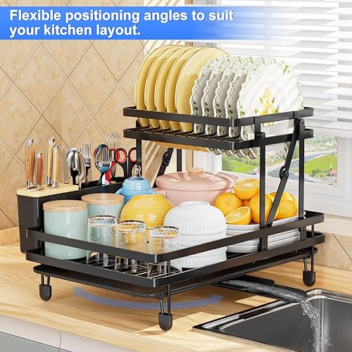 Miniatura 5 de YKLSLH Escurridor de platos, escurridor de platos plegable para encimera de cocina, escurridor de platos resistente de 2 niveles con soporte para