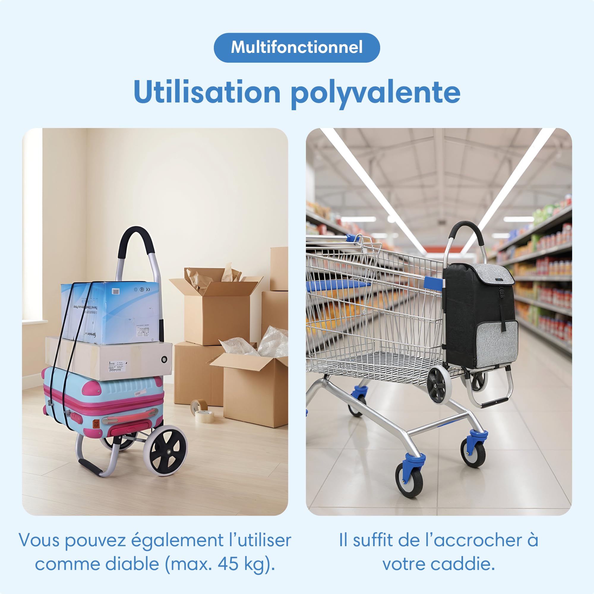 Chariot de Courses Safe Age® avec Compartiment réfrigérant et Fonction Diable - Chariot de Courses - Chariot - Pliable