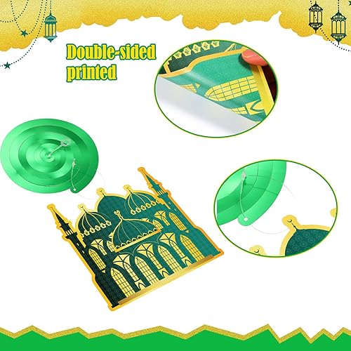 Vista 22 de Zonon 30 piezas de decoración de Ramadán Mubarak, Eid Mubarak colgante, remolino brillante, estrella dorada, luna, farol, decoración de techo
