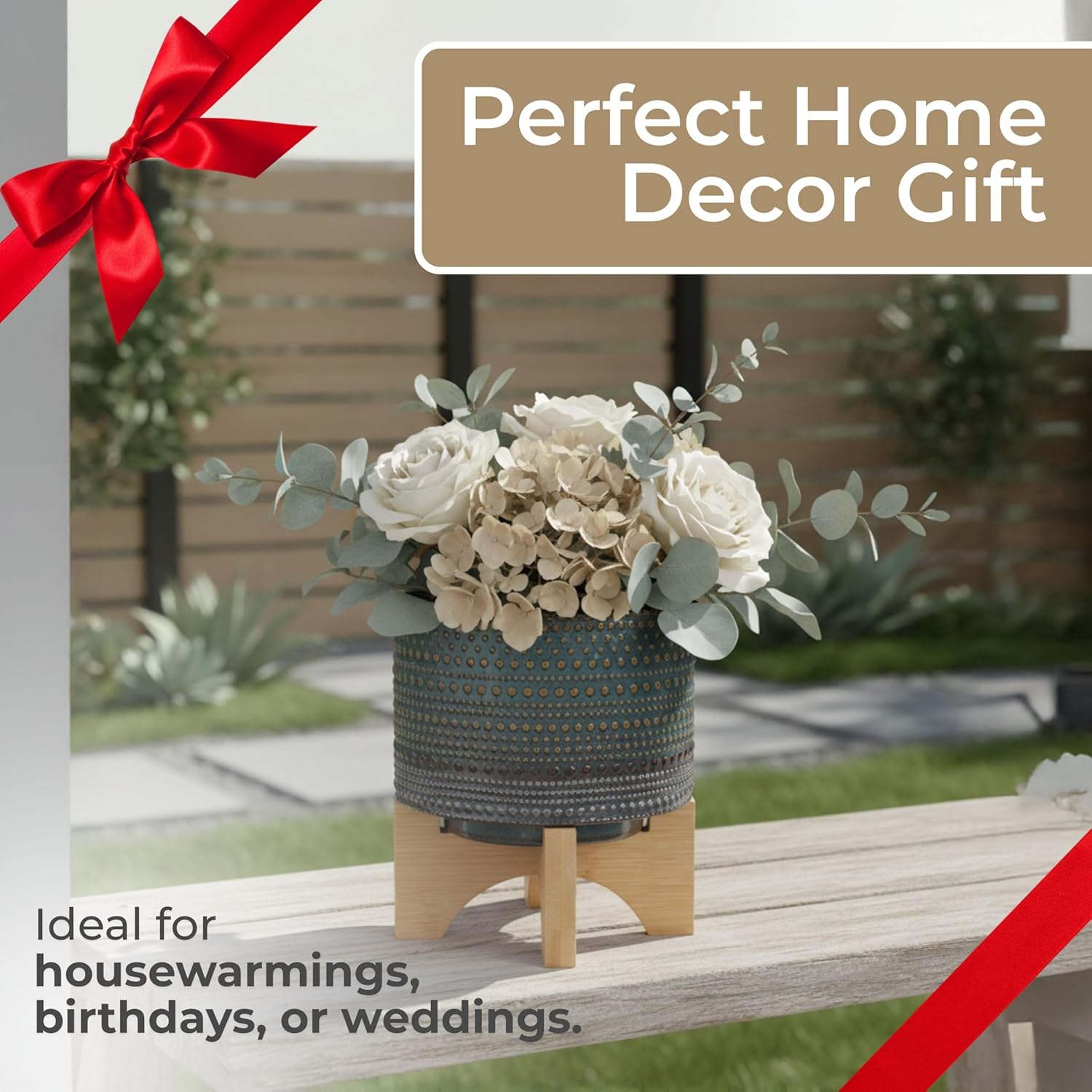 Ceramic Dotted Planter with Wood Stand for Home Decor - Modern Flower Planters for Patio, Entryway, and Garden - Small Decorative Pot Display for Indoor and Outdoor Plants - 8", Green & Tan