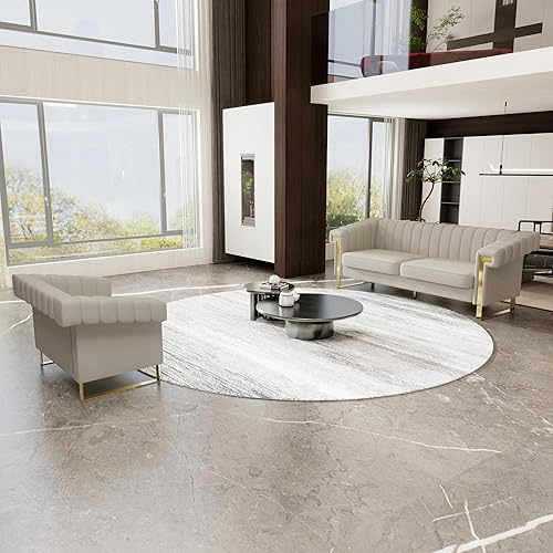 Miniatura 7 de Juego de sofá de 2 piezas para sala de estar, elegante juego de sofá de terciopelo beige con patas de metal dorado, moderno juego de sofá copetudo