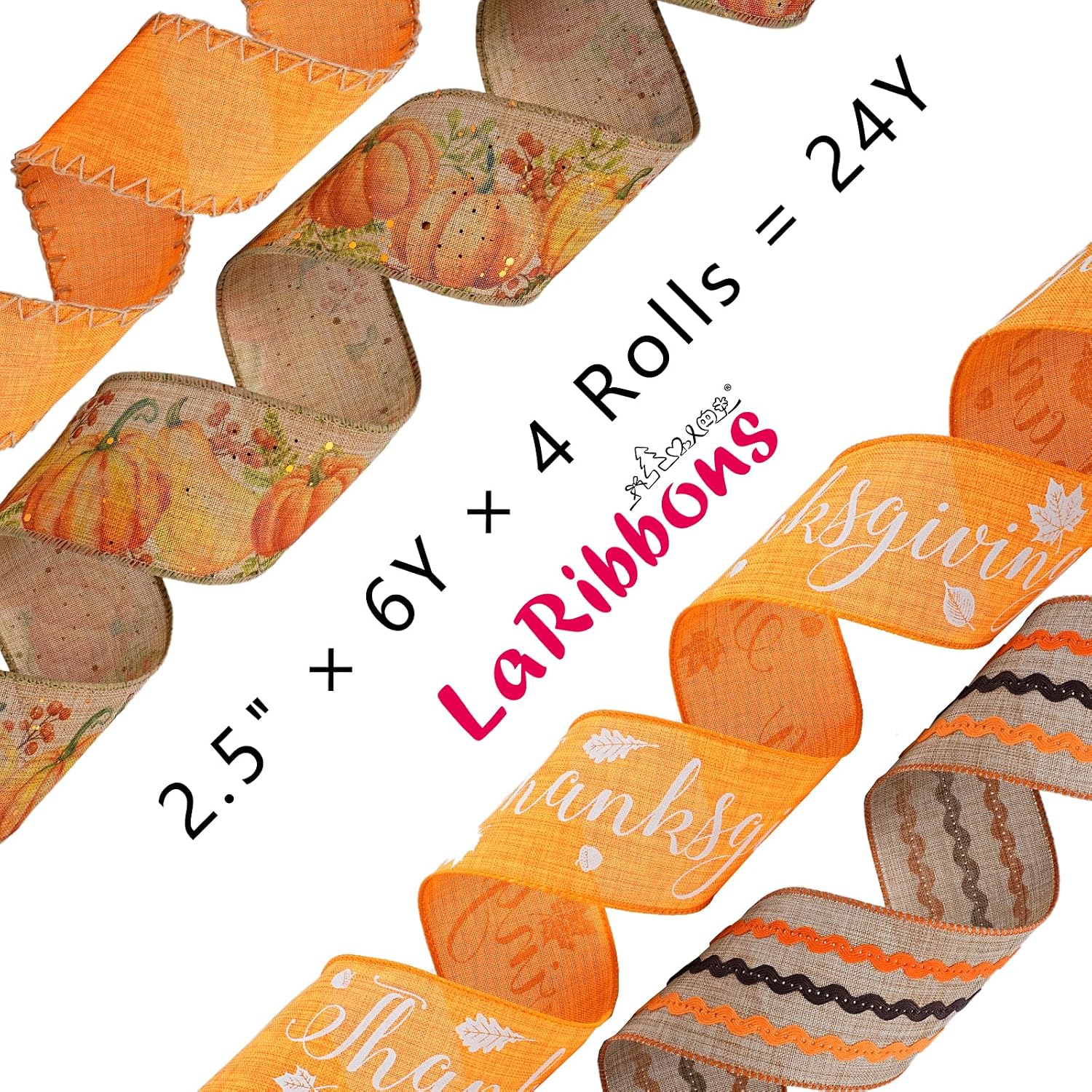 LaRibbons Thanksgiving Ribbon Wired 2 1/2" x 6 Yards 4 Rolls, Harvest Pumpkins Ribbon for Autumn Wreath Farm Gift Wrapping Fall Decor